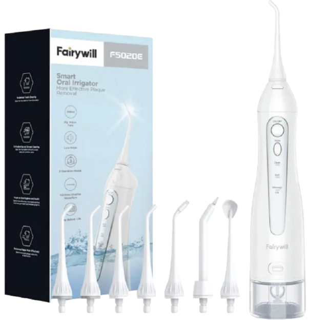 Irrigador oral portátil para limpeza de espaços interdentários 300 ml Chuveiro oral com 7 bicos Irrigador dental elétrico sem fios para higiene oral 20 x 5 cm branco