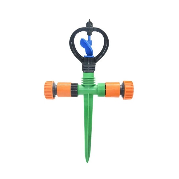 Irrigatore rotante da giardino a picchetto 360° regolabile 29 cm 2× attacco per tubo da 3/4" per prato e aiuole 1