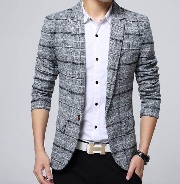 J1992 Luxuriöser Herren-Blazer mit Karomuster dunkelblau L