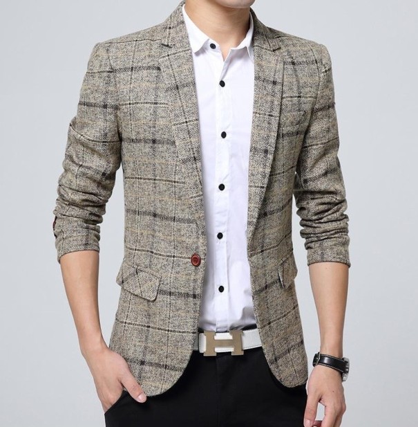 J1992 Luxuriöser Herren-Blazer mit Karomuster khaki L