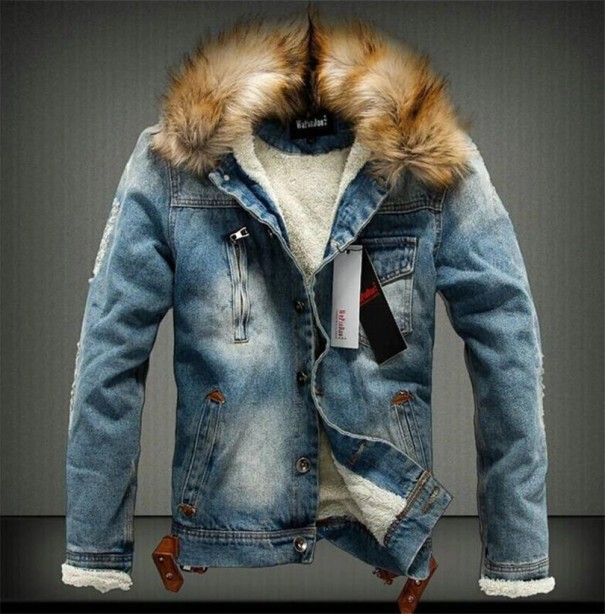 Jachetă bărbați din denim cu glugă J1414 albastru XXS