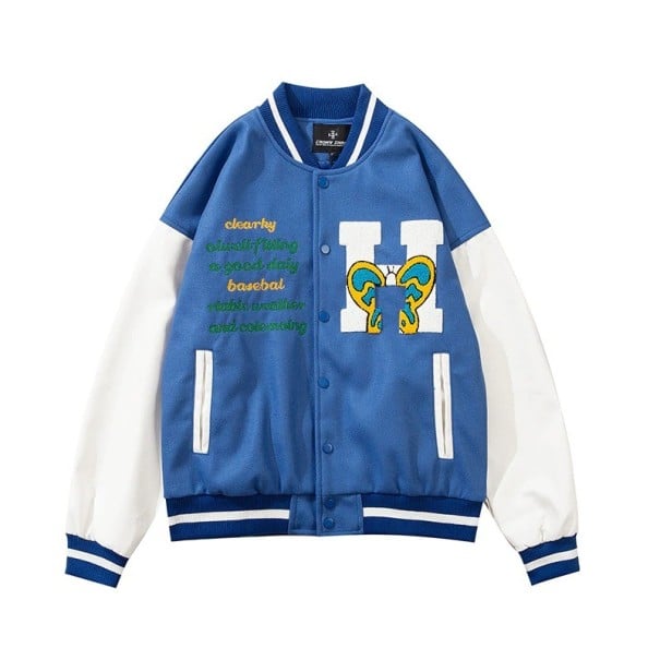 Jachetă de baseball cu mâneci albe Inscripții brodate și patch cu litera H Broderie peisaj pe spate Închidere cu capse Poliester și bumbac albastru XL