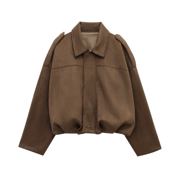 Jachetă de damă în piele întoarsă Croială oversize Palton elegant cu guler înalt Material moale Piele exterioară elegantă pentru toamnă și primăvară maro L