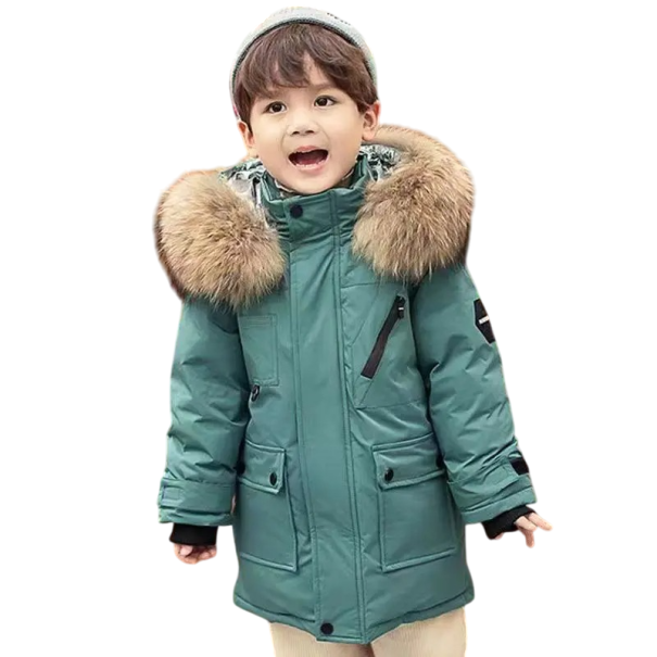 Jachetă de iarnă pentru copii cu fermoar și capse, cu glugă căptușită cu blăniță și buzunare, unisex, călduros, din bumbac și poliester pentru băieți și fete, pentru vreme de iarnă turcoaz 12
