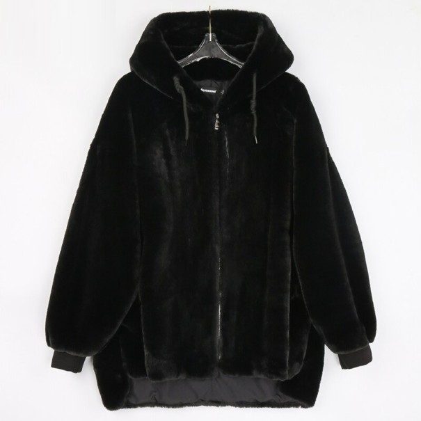 Jachetă oversize cu blană de damă P2166 negru XL