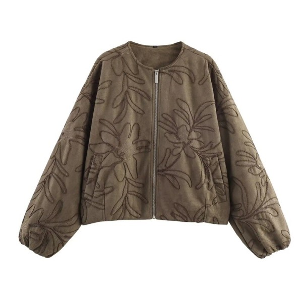 Jachetă pentru femei cu broderie și model floral pe fermoar cu mâneci largi și buzunare, casual pentru oraș și purtare zilnică maro S