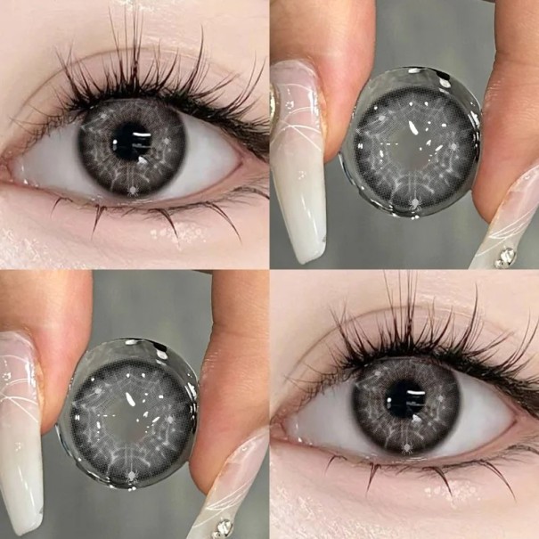 Jährliche farbige Kontaktlinsen mit Dioptrien -8.00 im Anime-Stil mit weißem Spinnennetz kontrastierendem Muster dekorative Linsen für Cosplay und Augenstyling grau
