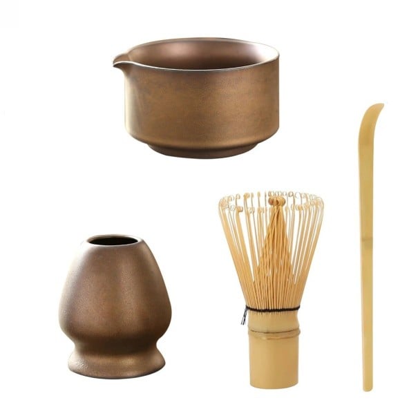 Japanese Matcha Tea Set 4 pcs Bamboo Complete Set with Bowl Whisk Scoop and Ceramic Holder brown