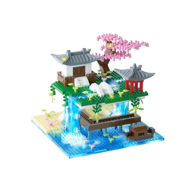 Japanilainen puutarha rakennussarja 145 x 135 x 110 mm Mini palikat Vesiputous Pagodi Sakura Perinteinen japanilainen talo Silta Koristeellinen malli lapsille ja aikuisille 1