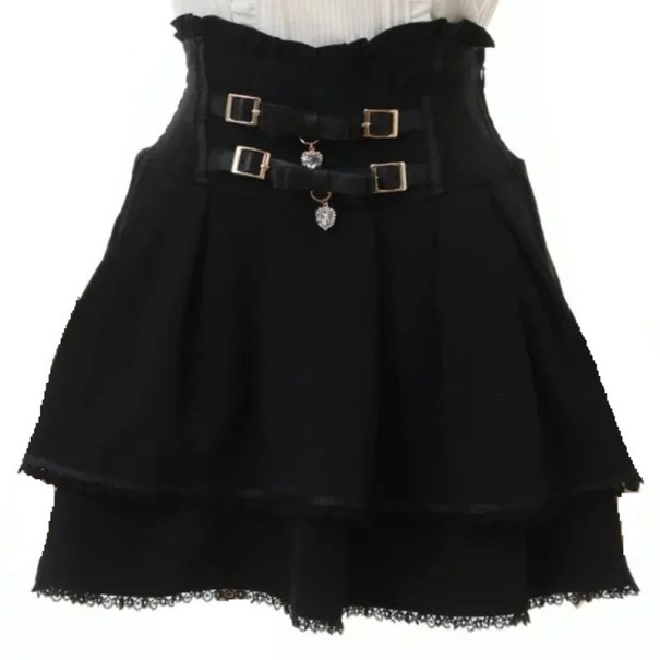 Japansk stil plisserad minikjol med spets och knyt Slim fit A-linjeformad kort kjol för kvinnor Elegant gotisk Harajuku-look svart L