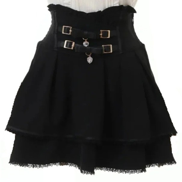 Japansk stil plisseret mini nederdel med blonder og bindebånd Slim fit A-formet kort nederdel til kvinder Elegant gotisk Harajuku-look sort M