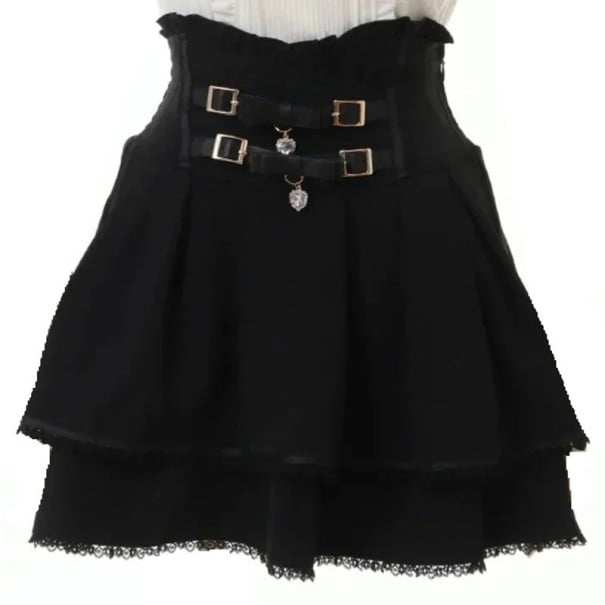 Japansk stil plisseret mini nederdel med blonder og bindebånd Slim fit A-formet kort nederdel til kvinder Elegant gotisk Harajuku-look sort L