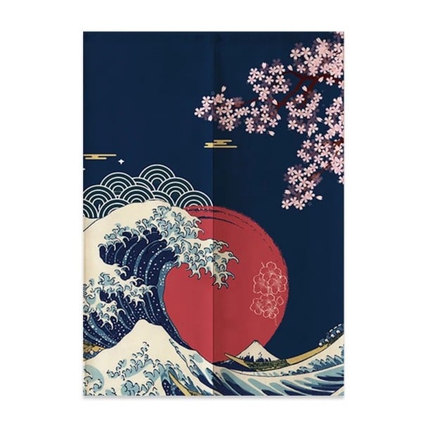 Japonský dveřní závěs vlna slunce sakura 120×200 cm polyester tmavě modré pozadí textilní závěs do dveří pro oddělení prostoru 1