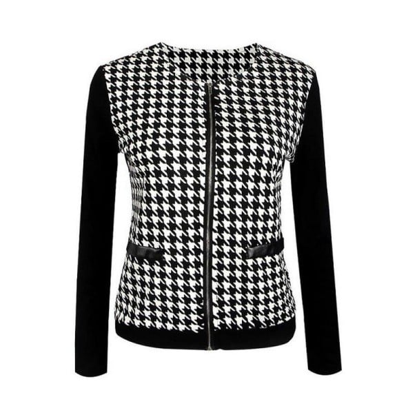 Jaqueta de primavera feminina com padrão de pé de galinha Preto e Branco com mangas pretas Corte ajustado Decote redondo Fecho de correr e dois S