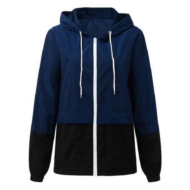 Jaqueta feminina com capuz e fecho éclair de comprimento total Corte bicolor com parte inferior contrastante Punhos elásticos azul escuro XXL