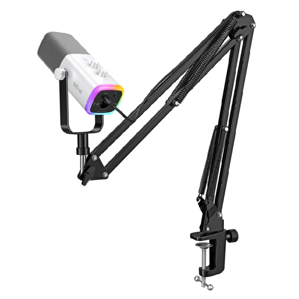 Játék asztali mikrofon USB és 3,5mm-es csatlakozóval, 66 cm-es állítható karral, RGB háttérvilágítás 10 üzemmóddal, érintéses némítás, hangerőszabályozás fehér