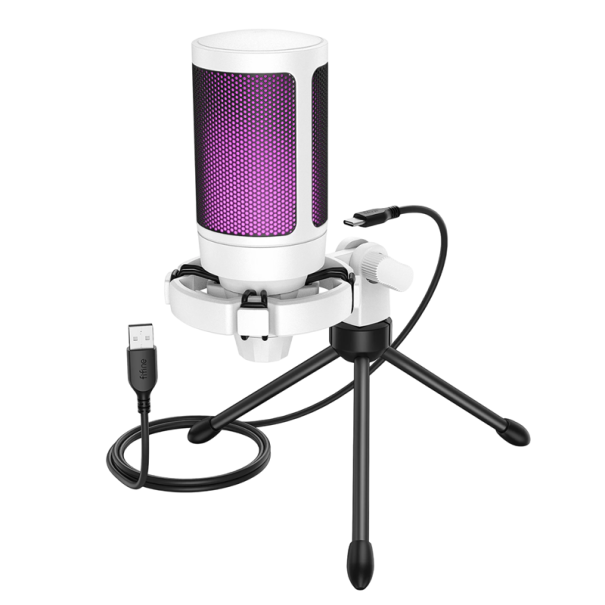 Játékasztali USB mikrofon állvánnyal 7 színű LED háttérvilágítással Érintéses némítás Plug and Play Antivibrációs tartó streameléshez fehér