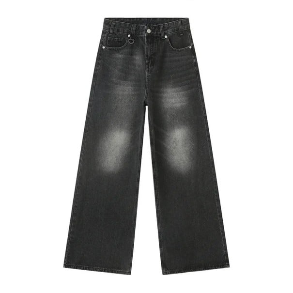 Jean droit pour homme avec anneau en métal Aspect délavé Jambe large Pantalon long Streetwear décontracté Jean élégant noir L