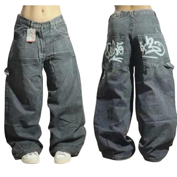 Jeans baggy grigi da donna con stampa graffiti S