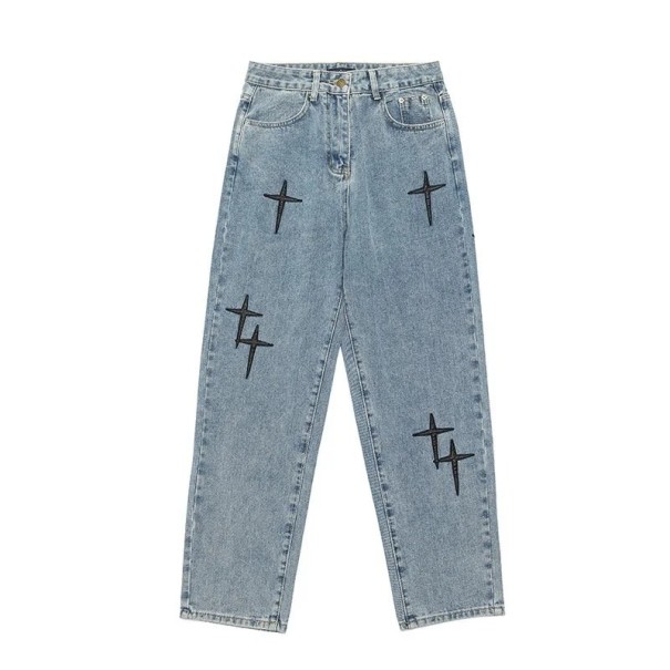 Jeans bărbați albaștri cu imprimeu de stele, talie joasă, lejere, cu buzunare, poliester, bumbac M