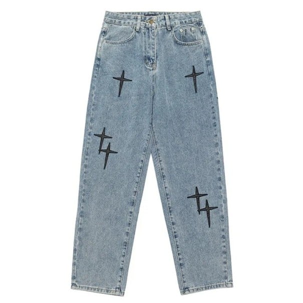 Jeans blu da uomo con ricamo nero di stelle Pantaloni larghi dritti Pantaloni lunghi larghi Jeans comodi e larghi Stile streetwear XXS