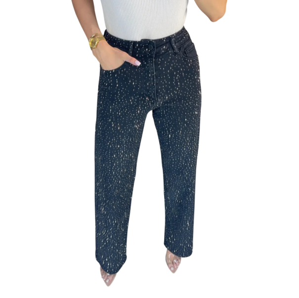 Jeans da donna monocolore Taglio ampio Tasche Paillettes Poliestere Pantaloni casual moderni Stile casual trendy per l'uso quotidiano nero XL