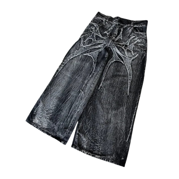 Jeans da uomo neri con stampa di ragno, larghi, con tasche, vita bassa, denim S