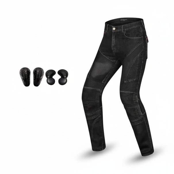 Jeans de moto con protectores negros perforados para las rodillas y caderas Paneles de malla y inserciones elásticas Poliéster y algodón Negros M