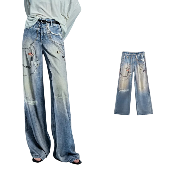 Jeans de mujer azules con estampado de cadenas rasgados de corte holgado con bolsillos de lyocell de color sólido S