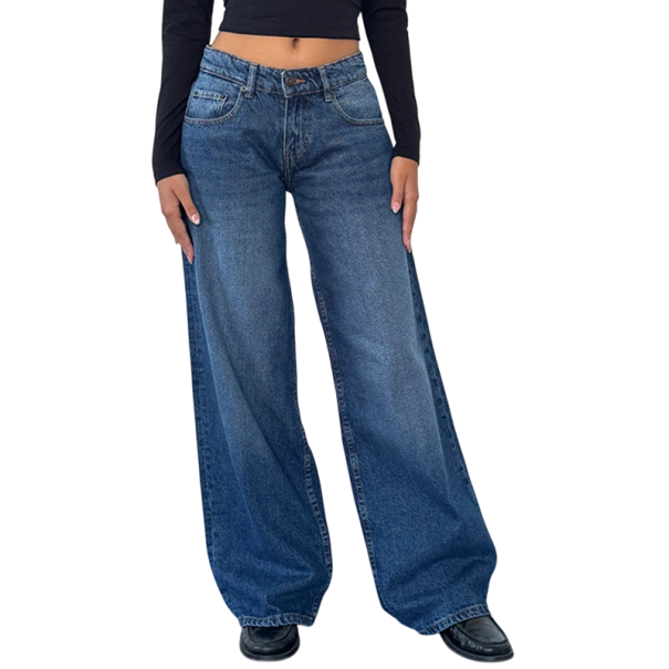 Jeans de mujer de un solo color Corte suelto Con bolsillos Algodón Poliéster Pantalones cómodos casuales Pantalones anchos Estilo casual moderno azul S