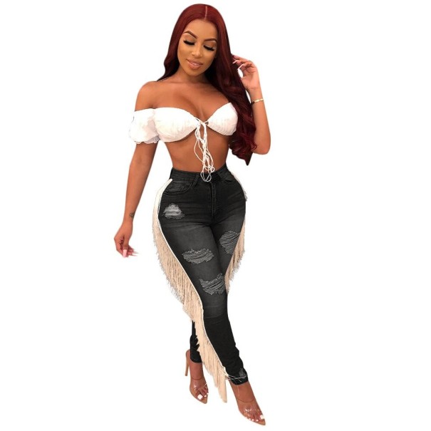 Jeans femininos com franjas preto XL