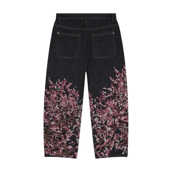 Jeans para hombre negros con estampado de árbol florecido en las perneras, de tiro bajo, sueltos, con bolsillos, de mezclilla S