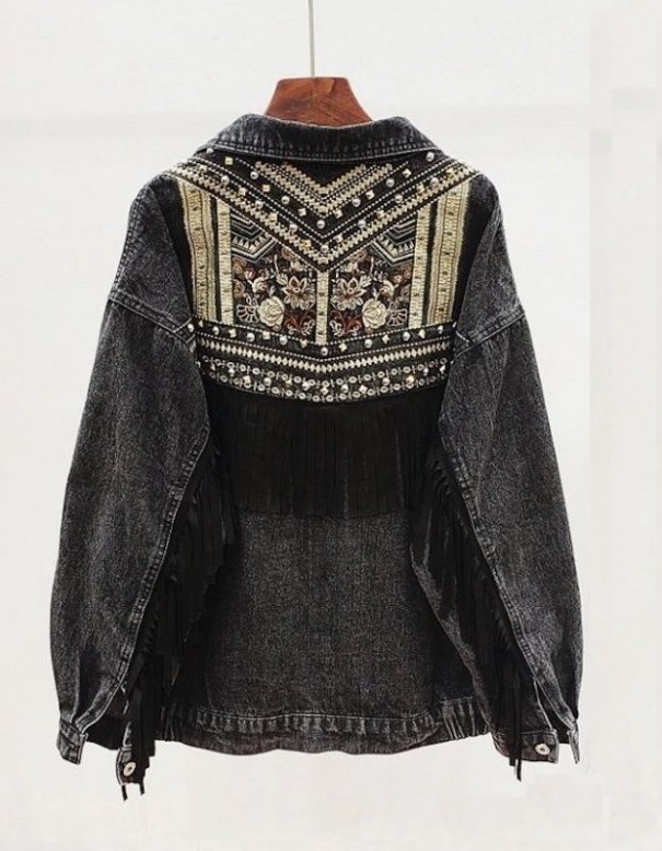 Jeansjacka för kvinnor med fransar svart XS