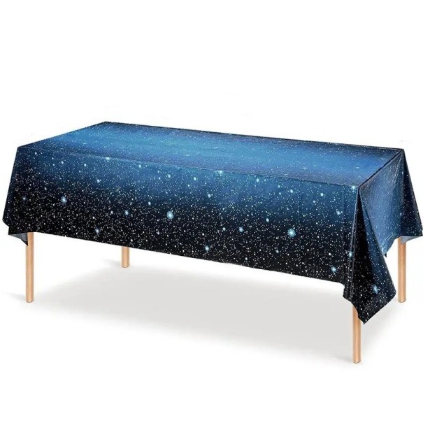 Jednorázový ubrus hvězdná obloha 137 × 274 cm modrý dekorativní ubrus s motivem hvězd a vesmíru pro narozeninovou párty dětí i dospělých 1