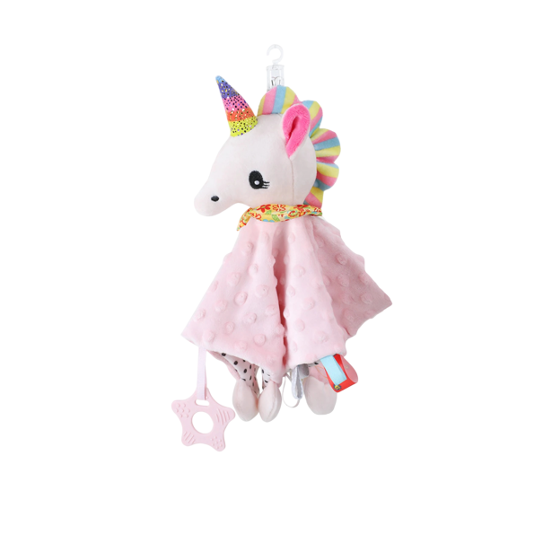 Jednorožec dětské chrastítko s kousátkem a háčkem na zavěšení, rozměr 28x28 cm, ideální pro uklidnění a rozvoj smyslů 1