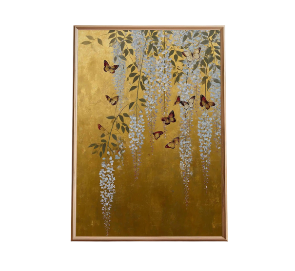 Jemný plagát na stenu vistárie s motýlikmi japonský motív 30 × 40 cm tlač na plátno zlatá biela zelená dekorácia do interiéru bez rámu 1