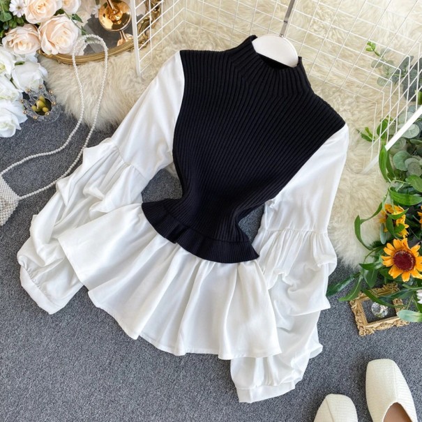 Jersey de cuello alto combinado para mujer G346 negro