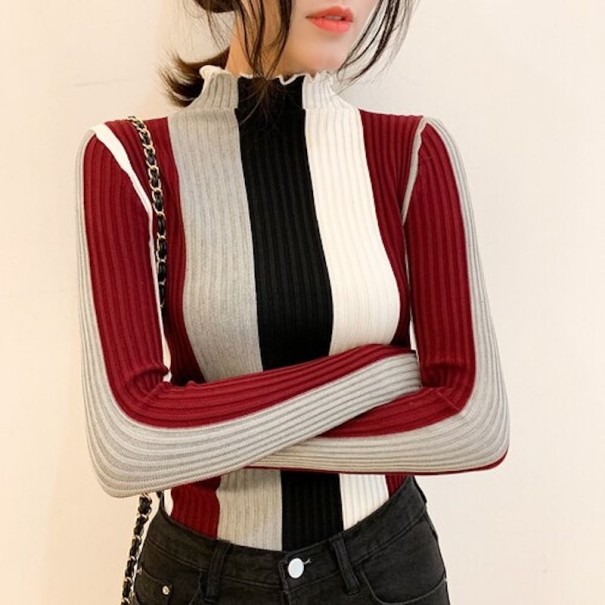 Jersey de cuello alto de rayas para mujer A64 burdeos XS