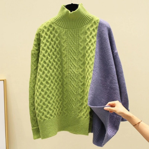 Jersey de punto combinado de cuello alto para mujer verde