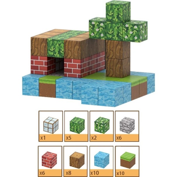 Jeu de construction magnétique monde forestier 48 pièces 2 figurines 2x2 cm blocs Création pour enfants Jeu de construction inspiré de Minecraft Blocs 1