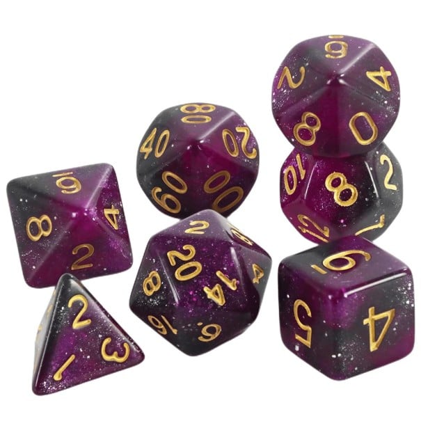 Jeu de dés 7 pcs polyédriques RPG style Galaxie Ensemble fantasy multicolore pour jeux de société Donjons et Dragons roleplay violet foncé