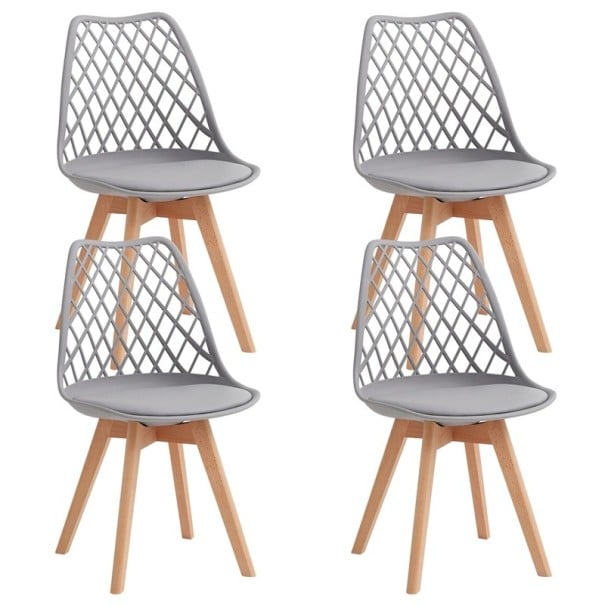 Jídelní židle s opěradlem Sada 4 kusů Mřížované opěradlo a čalouněný sedák 82 x 55 x 48 cm Plast a dřevěné nohy Do jídelny i kuchyně šedá