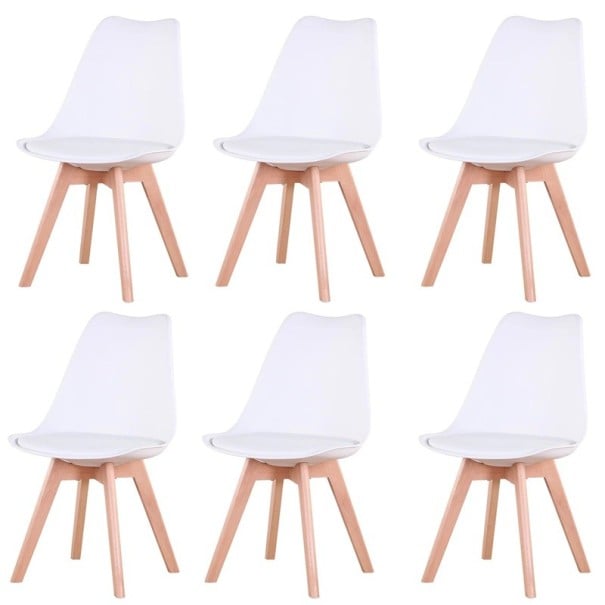 Jídelní židle Sada 6 kusů Skandinávský styl Skořepina s čalouněným sedákem PU Výška sedu 48 cm Dřevěné nohy Do jídelny i kuchyně bílá