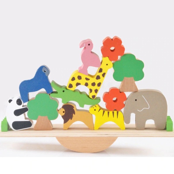 Joc de echilibru din lemn cu animale pentru copii Leagăn cu piese colorate în formă de animale și copaci Construire și echilibrare Dimensiuni 30 x 5 x 1