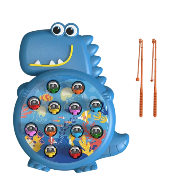 Joc de pescuit magnetic pentru copii 16,5 x 22 cm cu temă de dinozauri 2 bâte 12 peștișori Pescuit în iaz Jucărie de prins pești cu magnet albastru