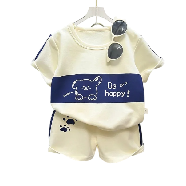 Jongens beige zomeroutfit T-shirt met korte mouwen en shorts Blauwe hondenprint Be Happy Pootafdruk O-hals 5