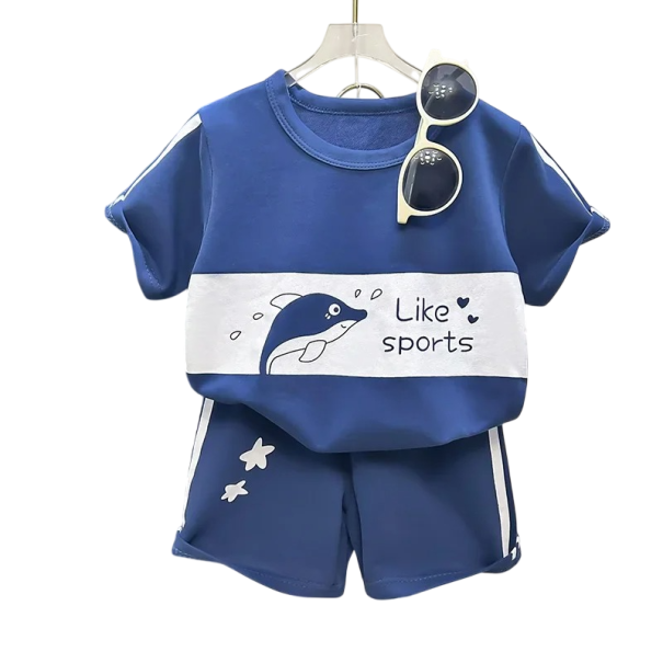 Jongens blauwe zomer set T-shirt met korte mouwen en shorts Delfijn print Like Sports Sterren Ronde hals 3