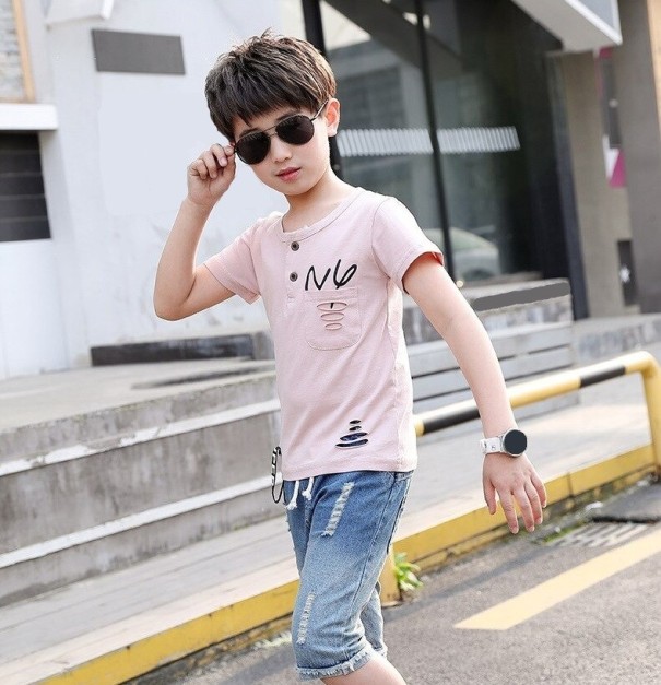 Jongens T-shirt en denim shorts L1682 roze 5