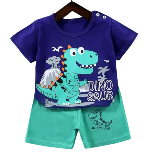 Jongens zomer set Katoenen T-shirt met korte mouwen en knopen Blauwe T-shirt met dinosaurustekening Groene shorts 4