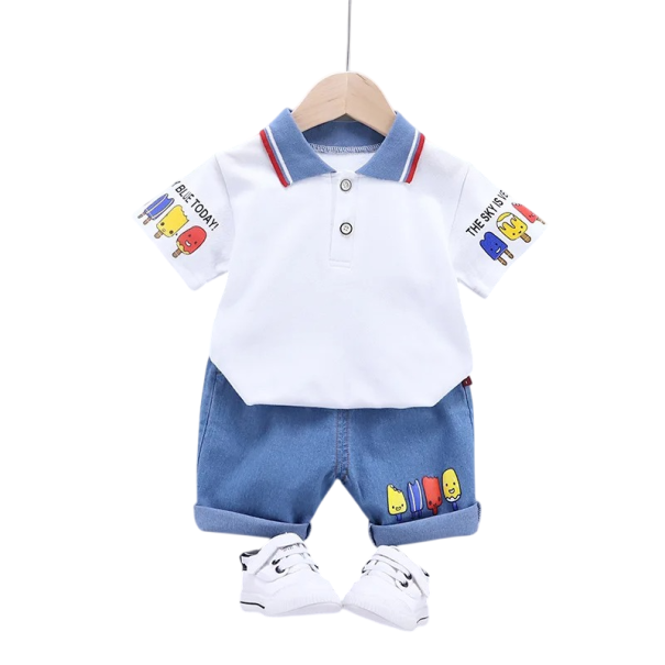 Jongensset polo t-shirt met ijsjes en blauwe korte broek met elastische taille 4
